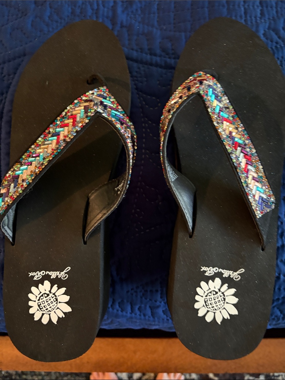Yellow Box Black Wedge Sandals with Multicolor Beaded Straps size 8 1/2